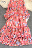 kamames Vintage Floral Chiffon Long Dress Elegant O-Neck Puff Sleeve High Waist A-Line Ruffle Hem Vacation Beach Maxi Vestidos