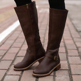 kamames high Boots brown Women Vintage leather Square Heel Zipper knee height buckle Boot Keep Warm Round Toe Shoes British Style