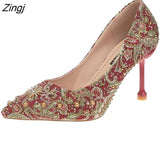 kamames crystal metal snow rivets single shoes red/black women wedding shoes pointed toe thin high heels slip on pumps stilettos