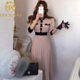 kamames Autumn Korean Knitted Women Long Pleated Dress Women Long Sleeve Single-breasted A-line Dresses Elegant Ladies Vestidos