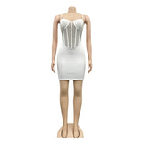 kamames Sexy White Crystal Hot Hot drilling Mini Dress Women Summer Strap Mesh Patchwork Bodycon Glitter Clubwear Dress