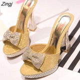 kamames Women Platform High Heels Slippers Bowknot Design Glitter Bling Wedges Sandals Sexy Peep Toe Women Nightclub Party Wedding Shoes