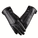 Velvet Lined Elegant Gloves for Women - Warm, Waterproof, Touchscreen, Split Finger, PU Leather with Decorative Buttons - Perfect for Autumn and Winter