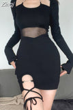 kamames Asymmetrical Fashion Bodycon Halter Neck Black Dress Mini Gothic Lace Up Mesh Spliced Club Sexy Women's Dresses Robe