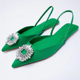 kamames ZAR 2022 Summer New Green Single Shoes Women Fashion Pointed Toe Flat Rhinestone Muller Sandals And Slippers Woman Shoes Luxury