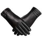 Velvet Lined Elegant Gloves for Women - Warm, Waterproof, Touchscreen, Split Finger, PU Leather with Decorative Buttons - Perfect for Autumn and Winter