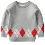 Cozy Boys' Argyle Plaid Sweater Pullover - Soft Round Neck Long Sleeve Stretch Warm Knit Top for Kids Outdoor Play - Classic Style Winter Clothing for Boys