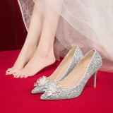 kamames kamames Crystal Silver Bride Shoes 2023 Autumn Tip Chinese Wedding Shoes Silver High Heels High Heels Heel Sequins