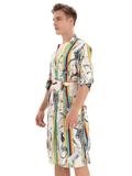 Men's Comfy Plant Colorful Striped Robe With Pockets, Home Pajamas Wear One-piece Lace Up Night-robe Loungewear Sets