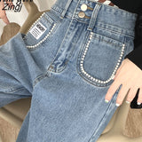kamames Pearl Jeans Women Korean Streetwear High Waist Washed Denim Wide Leg Pants Female Loose Casual Straight Baggy Trousers