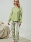 Plaid Print Pocket Crew Neck Long Pajamas Set, Casual Long Sleeve Pajama Top & Comfortable Long Pant, Women's Loungewear & Sleepwear