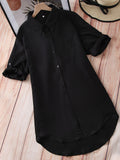 Plus Size Basic Blouse, Women's Plus Solid Rolled Sleeve Button Up Lapel Collar Shirt