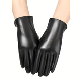 Simple Monochrome PU Leather Gloves Short Velvet Lined Warm Gloves Autumn Winter Windproof Riding Gloves