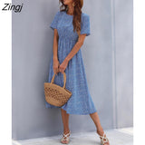 kamames Floral Print Dress Women Summer Dresses 2022 New V Neck Short Sleeve High Waist Blue Midi A-line Dress for office Lady