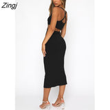 Zingj Summer Female Solid Color V-Neck Dress Sleeveless Hollow Out Package Hip Long Dress for Summer Black/Khaki/Orange/Blue