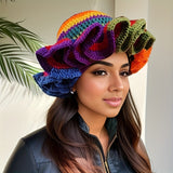 Handmade Crochet Rainbow Bucket Hat for Women, 100% Acrylic Knit Ruffle Brim, Unisex Funky Fringe Warm Winter Cap, Lightweight, Elastic, Washable - Ideal for New Year's Fashion Accessory