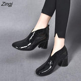kamames Women's Short Boots Casual Thick Heels Shoe High Heels Round Toe Rear Zipper Leather Boots All-match British Style Women's Boots