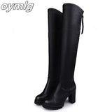 kamames Autumn Winter Women's Pu Leather Over The Knee Boots Back Zip Thick High Heel Platform Thigh Boots Ladies Fashion Shoe Black