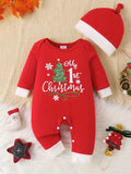 Adorable 'My First Christmas' Letter Print Romper & Hat Set for Baby Boys - Cozy Polyester Blend, Machine Washable - Perfect for Fall/Winter, Perfect for Outdoor