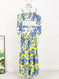 Zingj Summer Two Pieces Maxi Dress For Women Halter Lace Up Tops And Retro Floral Print Long Skirt Ruffled Holiday Beach Dresses