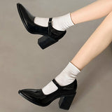 kamames Women's Thick Heels Mary Jane Shoes 2024 New Spring Black Leather Shoes French Retro Pointed Single Shoes
