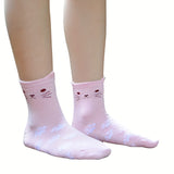 5 Pairs of Adorable Cat Face Girls Socks - Soft-Cotton Blend, Ultra-Comfortable Ear Lifting Design, Breathable for Spring & Summer - Versatile Casual Wear with Elasticized Arch Support