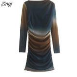 kamames 2022 Women Vintage Slash Neck Gradual Color Pleats Design Mesh Mini Dress Female Chic Long Sleeve Party Vestidos DS3060