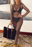 kamames Women's Beach Bikini Cover Up Bathing Suit Fish Net Pearl Rhinestone Mesh See Through Swimsuit Beachwear Dresses