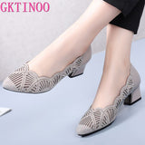 GKTINOO Rhinestone Pointed Toe Gauze Pumps Cut Outs Women Shoes Genuine Leather Comfortable High Heels Shoes Big Size 33-43