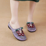 kamames Summer New Flat Bottom Low Heel Women's Shoes National Wind Leather Flower Slippers Hollow Breathable Comfortable Hole Hole Shoes