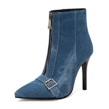 kamames Fashion Denim Women Boots Buckle Thin High Heel Ankle Boots Pointed Toe Front Zipper Autumn Winter Ladies Shoes
