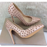 kamames 12cm high heeled shoes women brand fashion pointed toe rivet shoes women exquisite ladies party shoes MD008 ROVICIYA