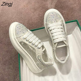 kamames Women Breathable Mesh Sneakers 2023 Summer Sparkling Crystal Flat Shoes Ladies Comfortable Platform Lace Up Casual Shoes