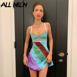 kamames Vintage 90s Striped Patchwork Hollow Out Cami Dresses Aesthetics Cut Out A-line Mini Dress Summer Sexy Clubwear 2021