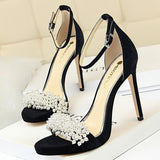 BIGTREE Shoes Pearl Rhinestones Super High Heels Suede Women Heels Sexy Party Shoes Summer Women Sandals Stiletto Women Pumps