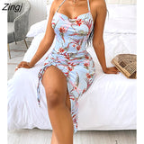 Zingj Summer Halter New Tropical Print Ruched Drawstring Slit Midi Dress Sleeveless Backless Sexy Vacation Beachwear Leaf Lady