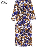 Zingj New Women Vintage Ink Painting Graffiti Print Knotted Slim Midi Dress Female Long Sleeve Back Zipper Party Vestido DS2665