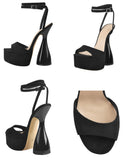 kamames Onlymaker Women Peep Toe Sandals Black Flock Platform Ankle Strap High Heel Shoes Female Big Size Party Dress Sexy Sandals