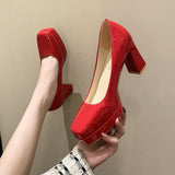 kamames kamames Size Square Head High Heels Fashion Waterproof Platform Women's Fashion Cover Foot Bright Skin Thick Heel Work Single Shoes