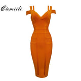 kamames 2022 Spaghetti Strap Solid Women Bandage Dresses Hollow Out Sleeveless Mid-Calf V-Neck Night Club Party Fashion Dresses