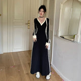 kamames Striped V-neck Long-sleeved Dress Women Fall Clothes Vintage Robe Casual Loose Dresses Korean Fashion Vestidos De Fiesta