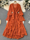 Zingj Chiffon Pleated Long Dress Women Vintage V-Neck Flare Sleeve Draped Ruffle Vestido Female Maxi Robe Spring Fall 1028-0