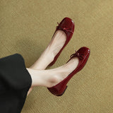 kamames Vintage Bow Knot Lacquered Leather Bean Shoes Women's Flat Soles Summer Autumn Square Head Single Shoes Thick Heels Wine Red