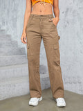 Womens High-Waist Cargo Pants - Loose-Fit, Wide-Leg Design with Flap Pockets - Casual Sporty Jeans for Activewear