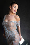 kamames Off Shoulder Sequin Sheer Mini Dress - Silver