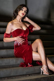 kamames Velvet Off Shoulder Rhinestone Evening Gown - Red