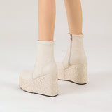 kamames Fashion Wedges Women Knee High Boots Platform High Heel Punk Boots Zipper Autumn Winter Ladies Shoes Black White