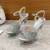 kamames kamames Summer Style With Flower Sequins With Ultra High Heel Transparent Bottom Crystal Thick Heel Women's Singles Shoes Sandal Wedding Bridesmaid Shoes