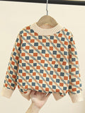 Boy's Allover Checks Pattern Knit Pullover For Autumn And Winter - Versatile Trendy Long Sleeve Bottoming Knitted Top As Gift