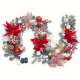 Pre-Lit Christmas Garland with Lights for Mantle, 6 feet Lighted Xmas Garland with Red Flowers Xmas Balls Bows for Front Door Fireplace Table Centerpiece Outdoor Window Decor